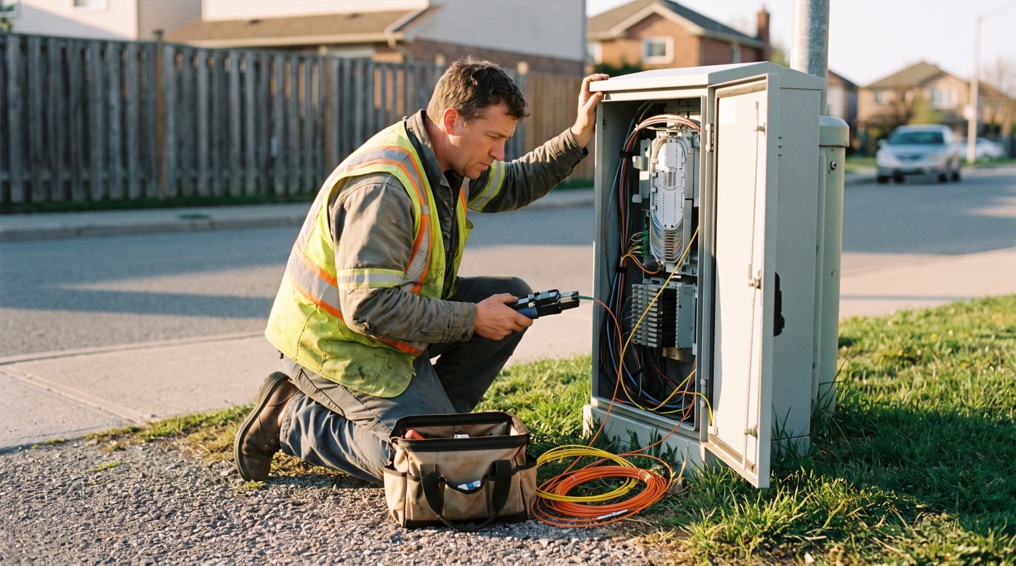 Field technician working at a fiber distribution cabinet